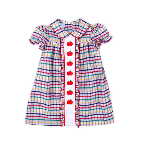 Apple Trio Primary Plaid Embroidered Camila Dress
