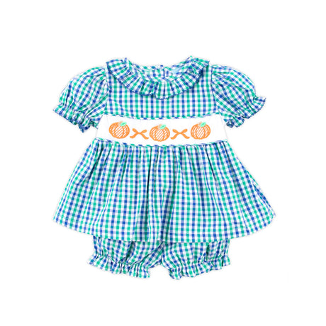 Hello Pumpkin Green Gingham Ruffle Collared Bloomer Set