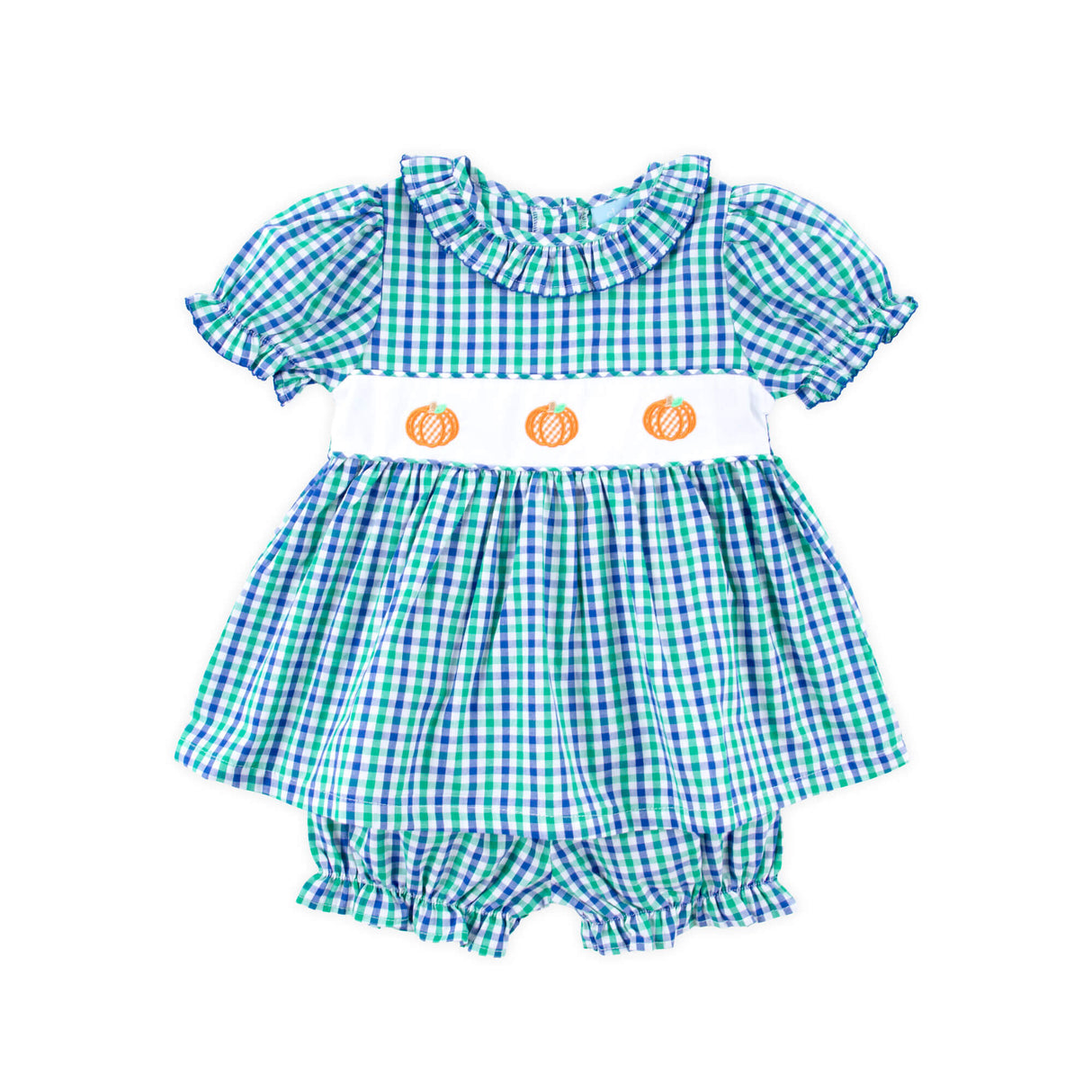 Hello Pumpkin Green Gingham Ruffle Collared Bloomer Set