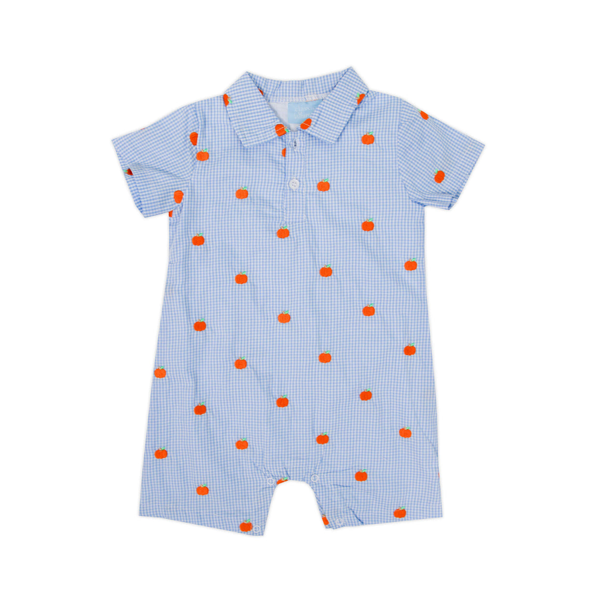 Pumpkin Schiffli Light Blue Gingham Polo Romper