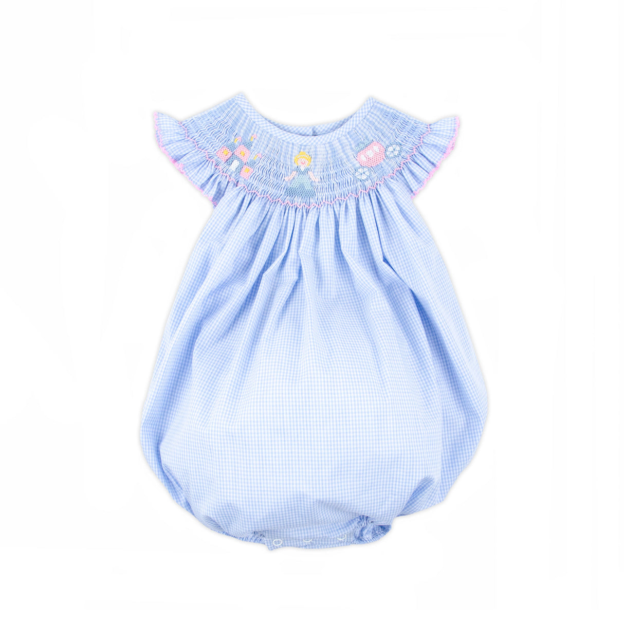 Princess Light Blue Gingham Smocked Angel Sleeve Bubble