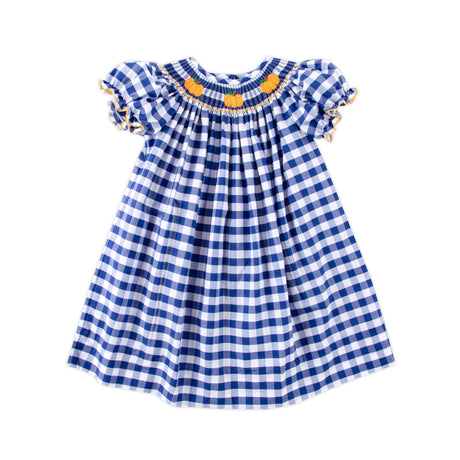 Pumpkin Smocked Navy Check Bishop Dress