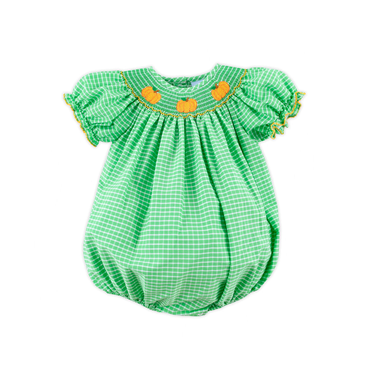 Paradise Pumpkin Smocked Green Windowpane Bishop Bubble