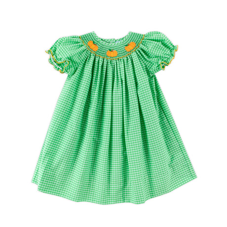 Paradise Pumpkin Smocked Green Windowpane Bishop Dress