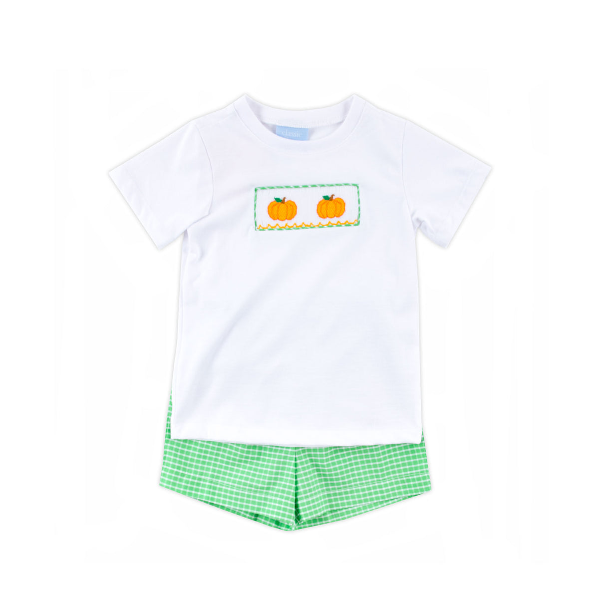 Paradise Pumpkin Smocked Green Windowpane Short Set
