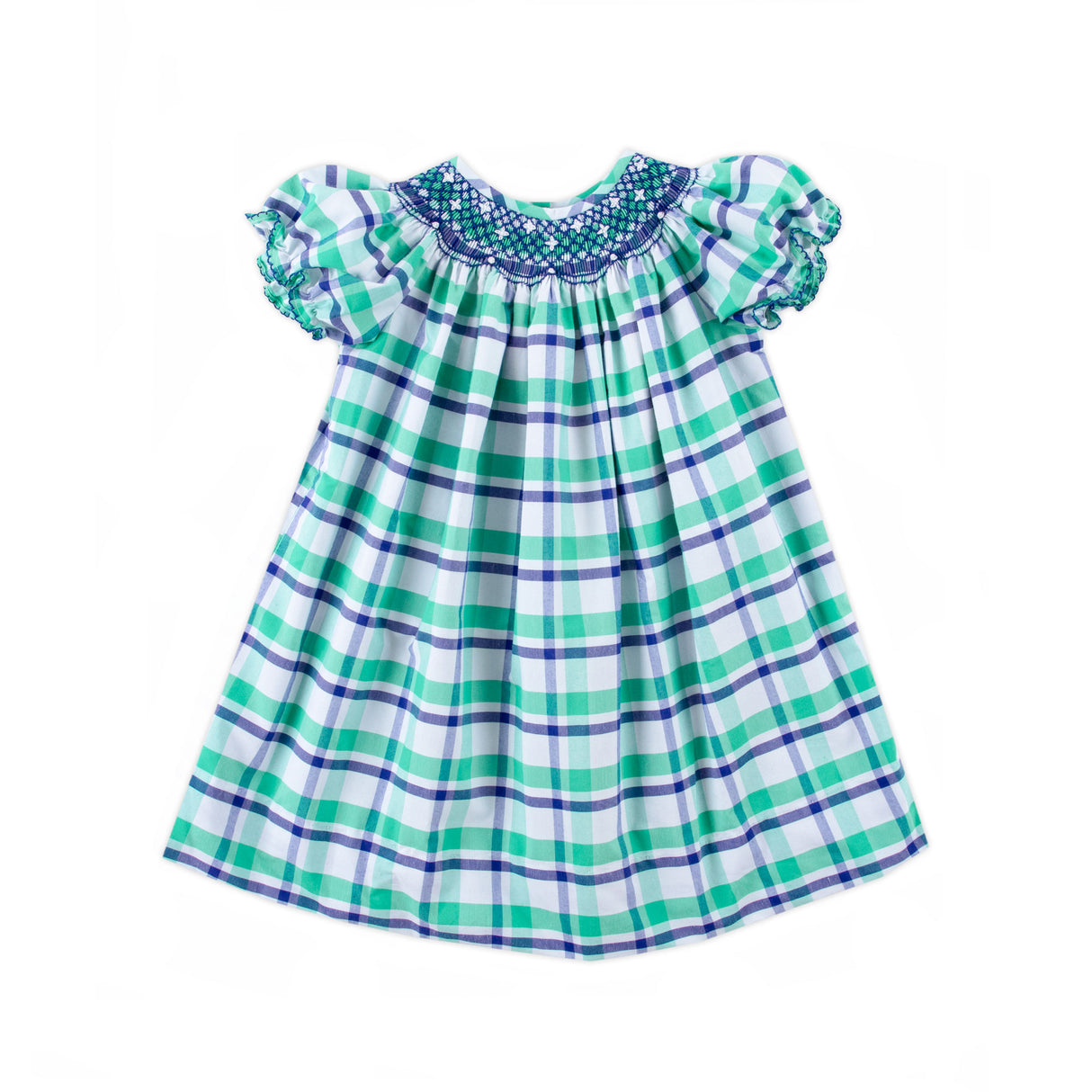 Denver Green Plaid Geo Smocked Bishop Dress