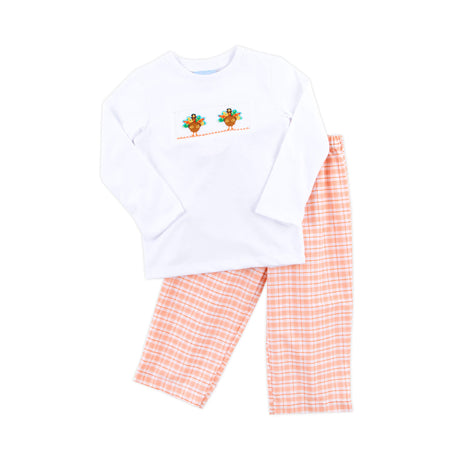 Pilgrim Turkey  Smocked Orange Plaid Pant Set