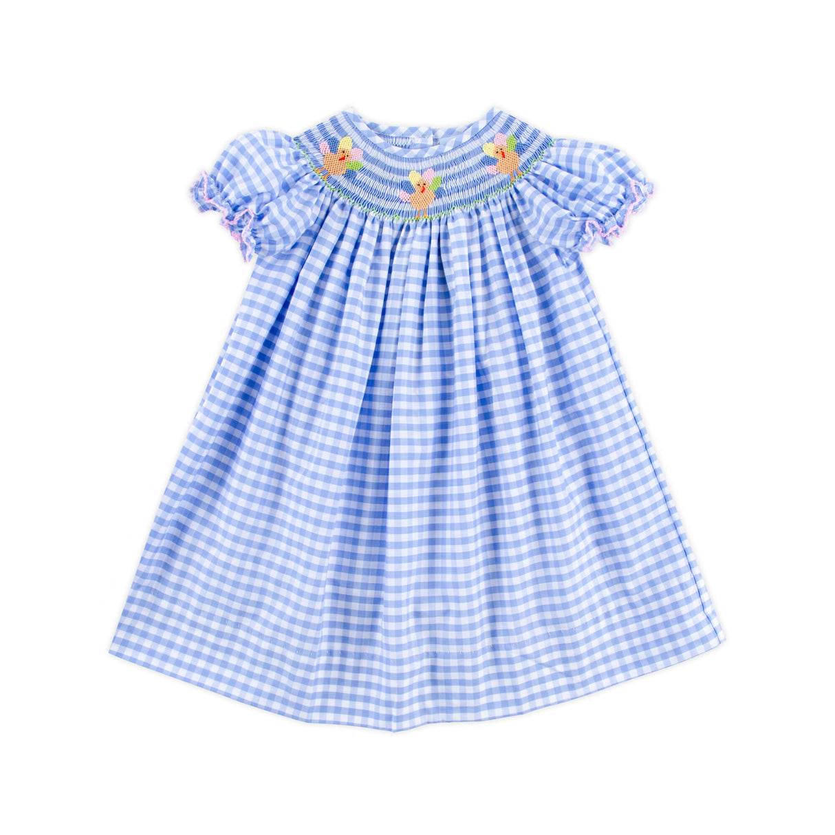 Colorful Turkey Smocked Blue Gingham Bishop Dress