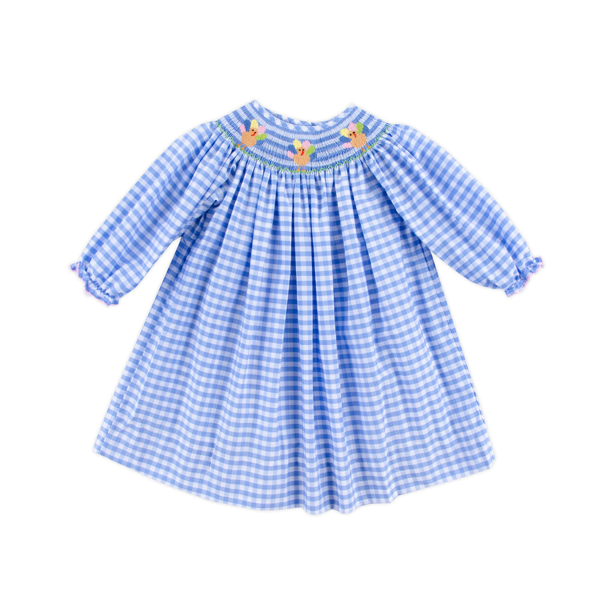 Colorful Turkey Smocked Blue Gingham Long Sleeve Bishop Dress