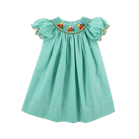 Fall Turkey Smocked Green Windowpane Bishop Dress