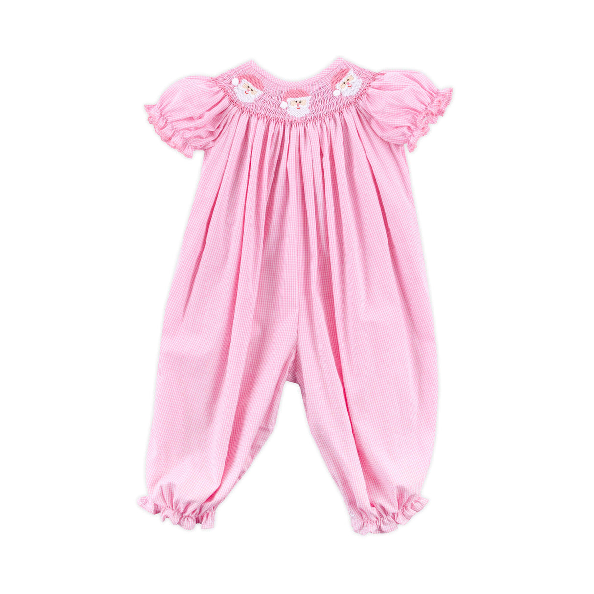 Happy Santa Smocked Pink Gingham Long Bubble