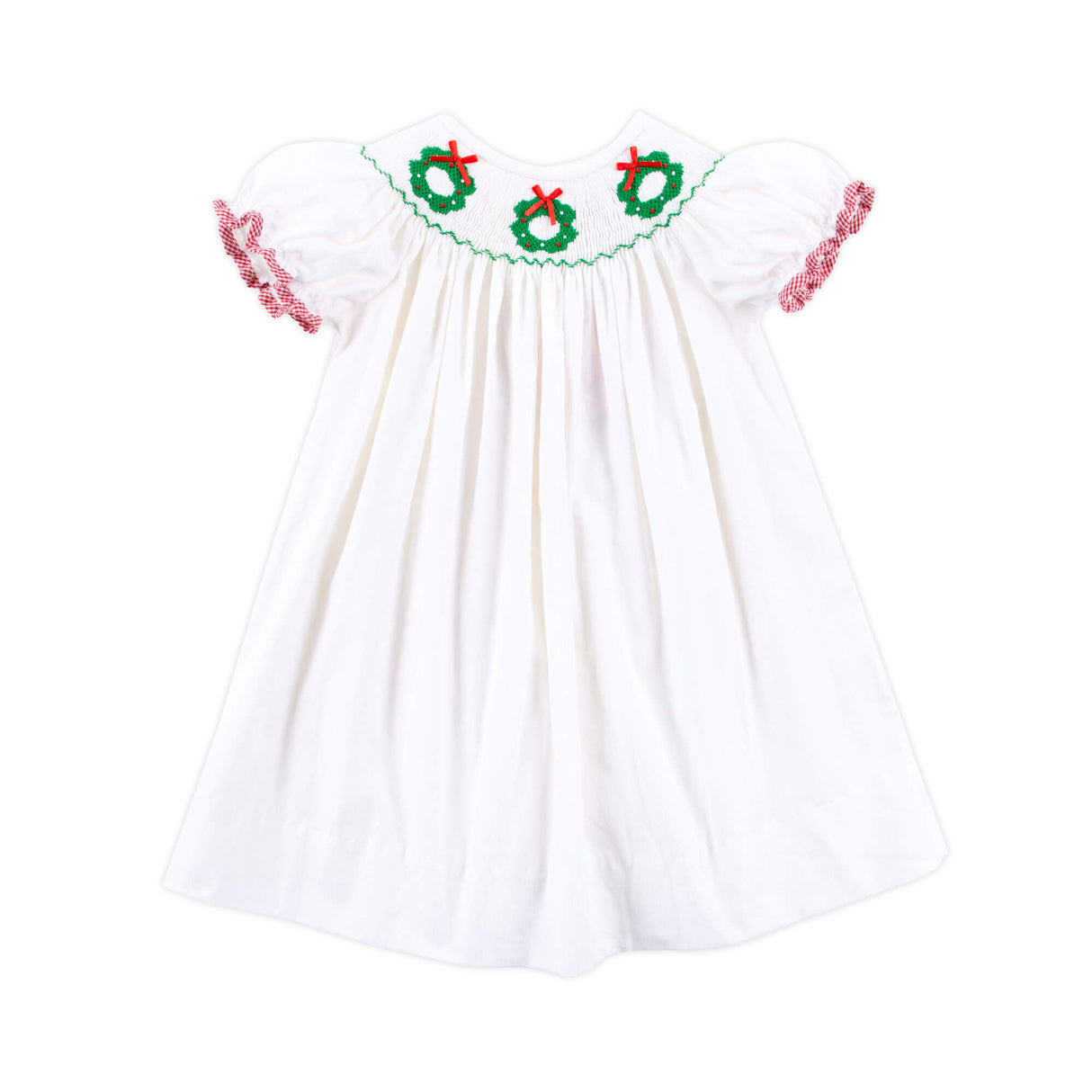 Wreath Smocked White Corduroy Bishop Dress