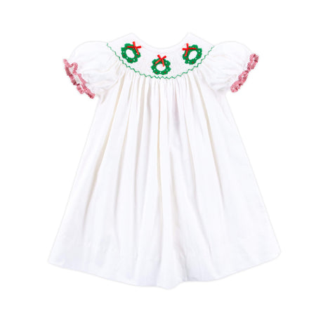 Wreath Smocked White Corduroy Bishop Dress