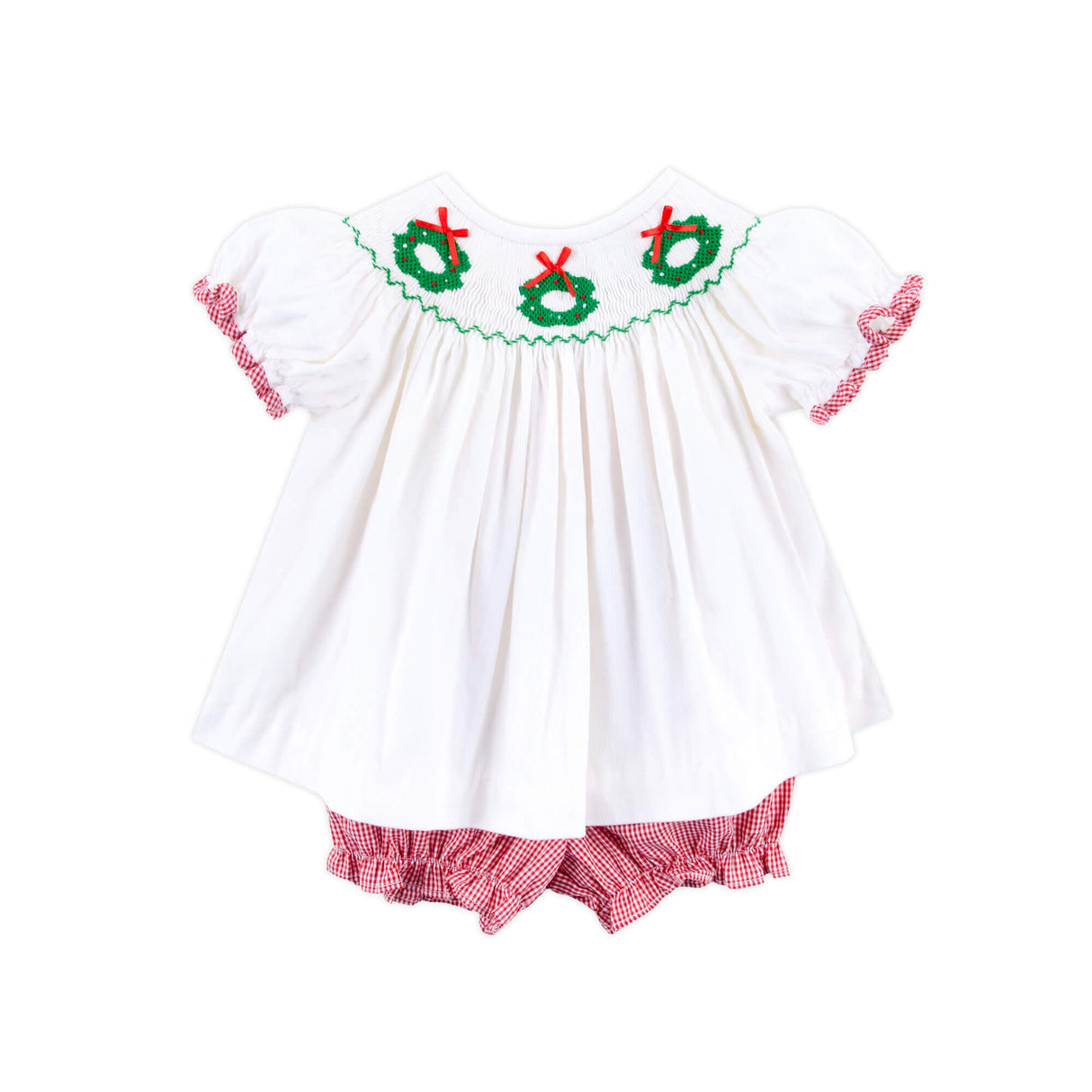 Wreath Smocked White Corduroy Bloomer Set