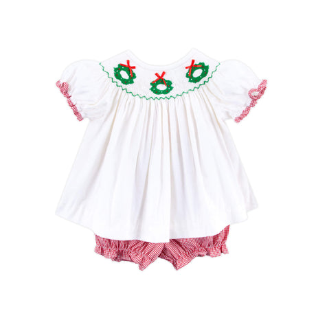 Wreath Smocked White Corduroy Bloomer Set