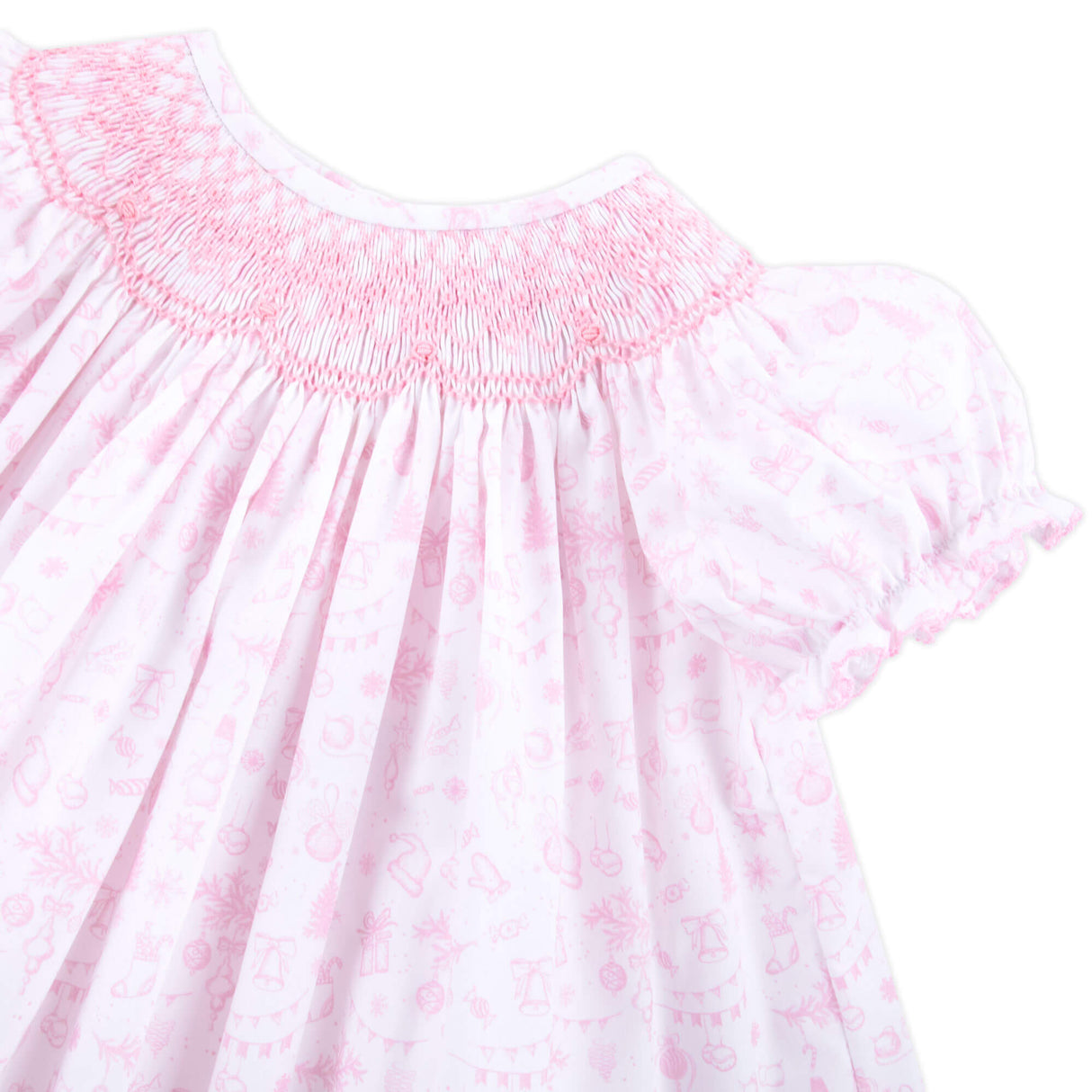 Pink Christmas Print Smocked Bishop Dress