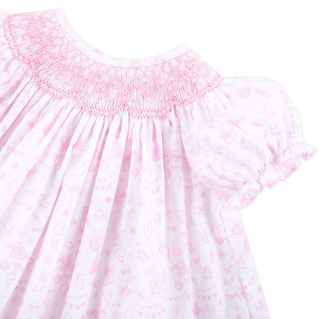 Pink Christmas Print Smocked Bishop Dress