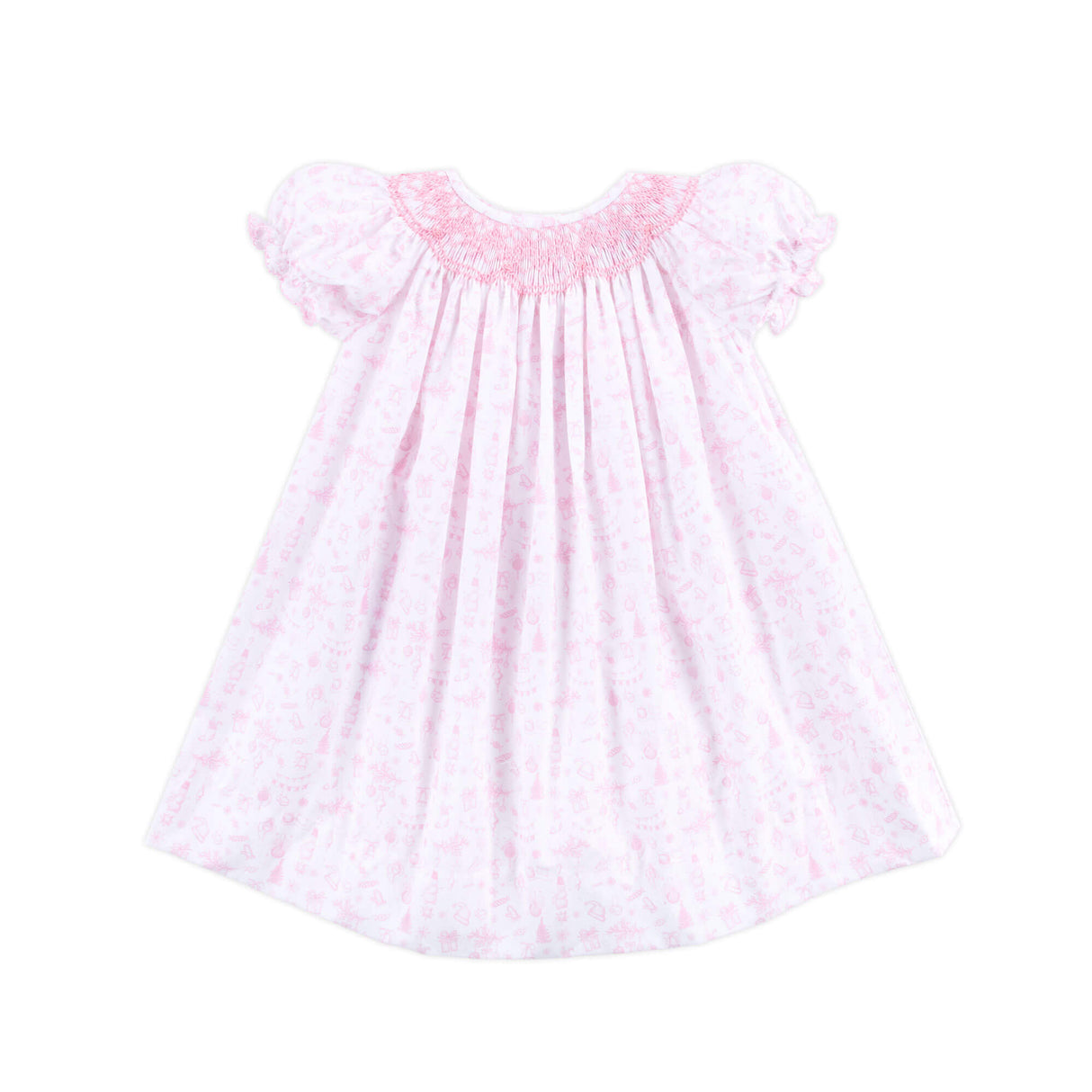 Pink Christmas Print Smocked Bishop Dress