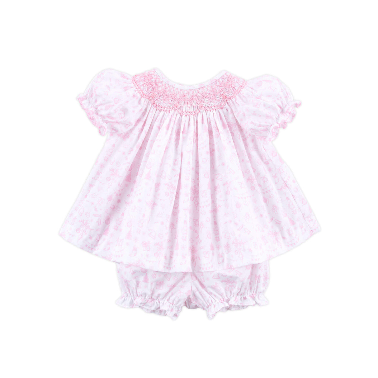 Pink Christmas Print Smocked Bloomer Set