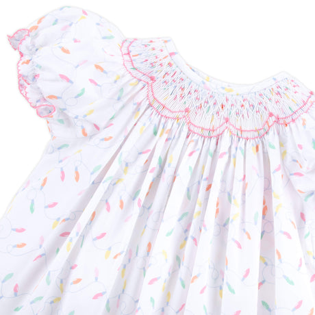 Christmas Lights White Print Smocked Bishop Dress