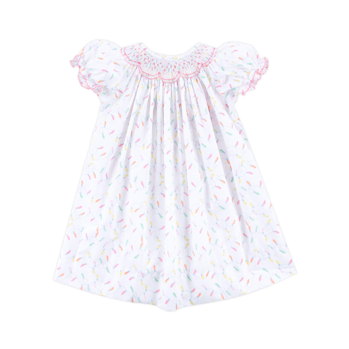 Christmas Lights White Print Smocked Bishop Dress