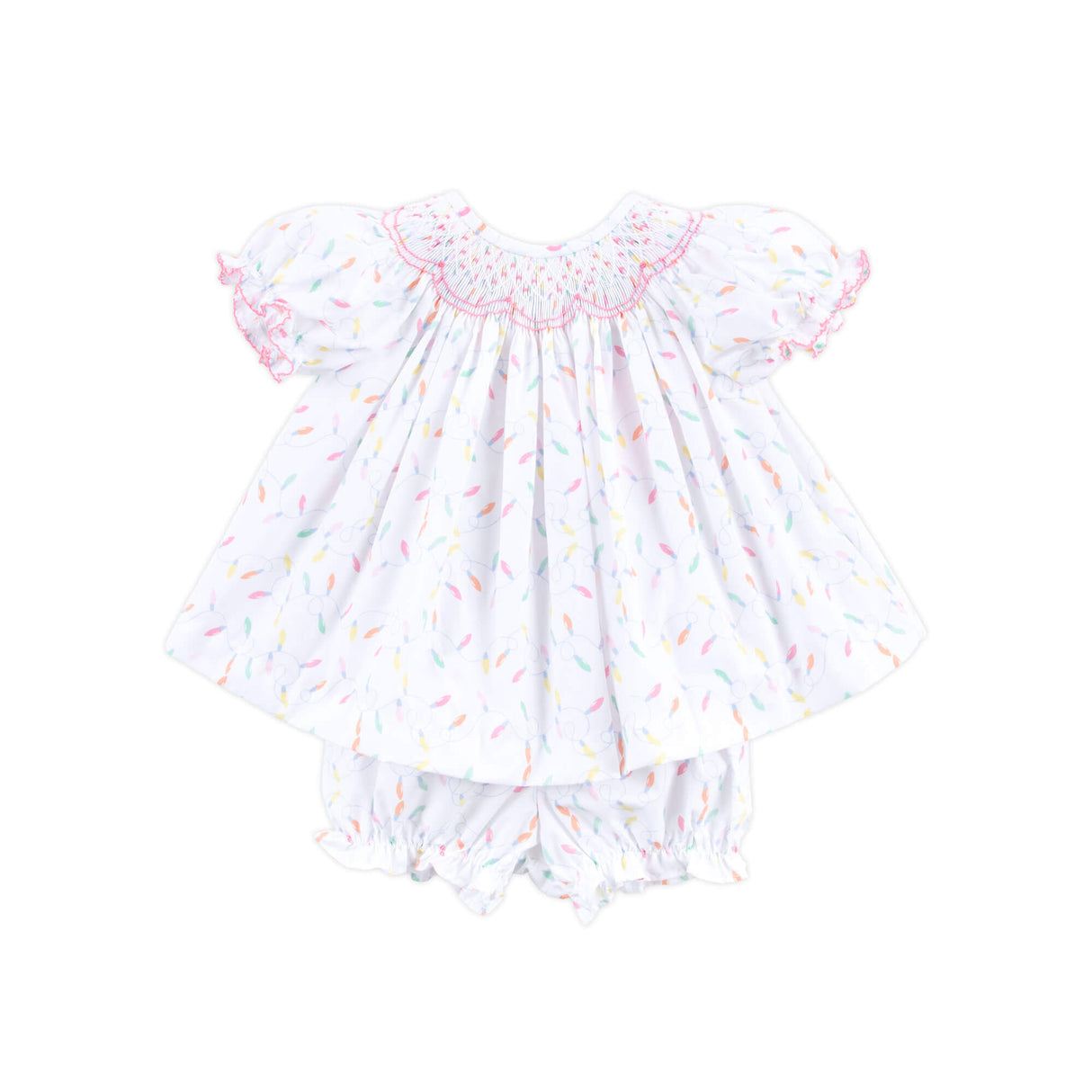 Christmas Lights White Print Smocked Bloomer Set
