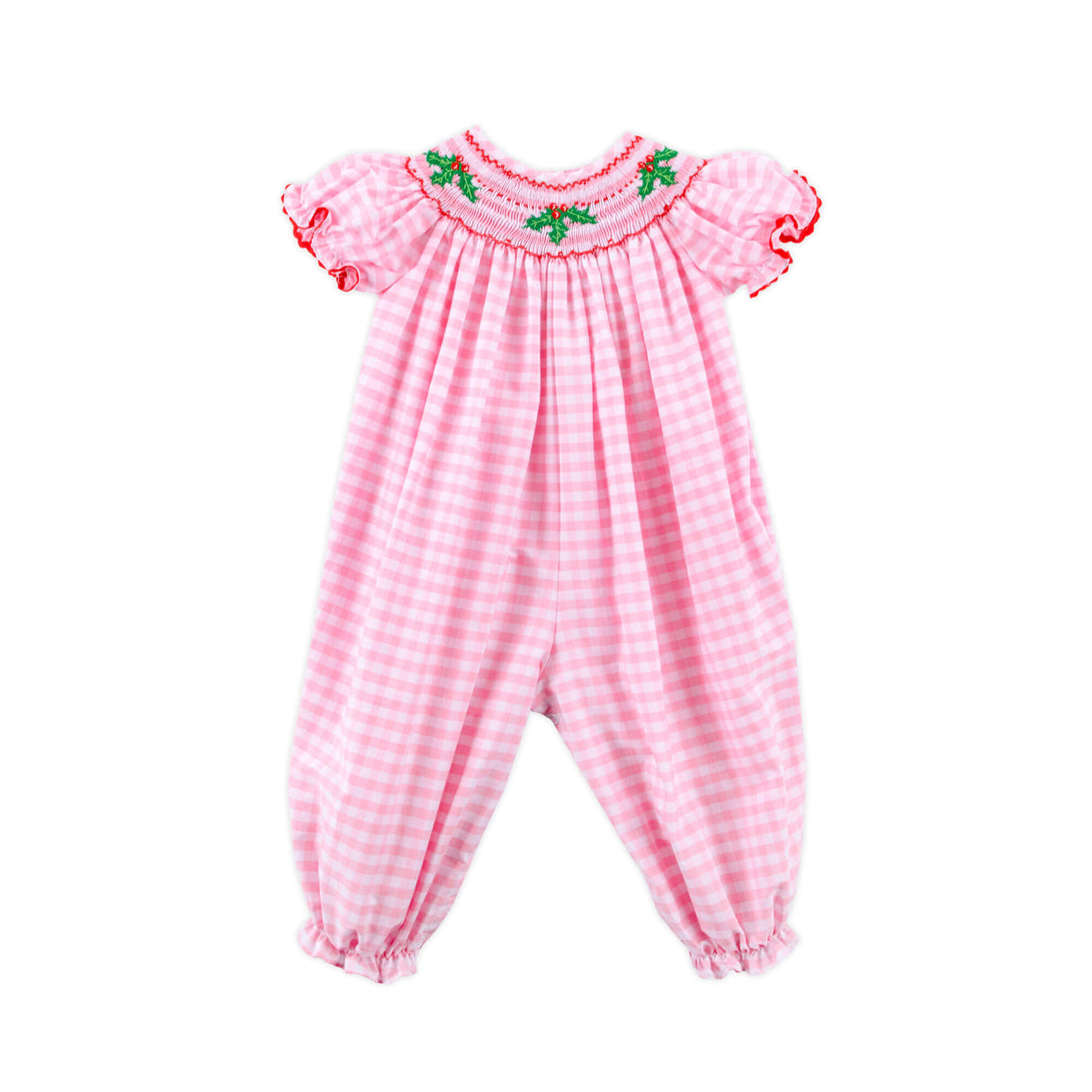 Holly Jolly Smocked Pink Gingham Long Bubble
