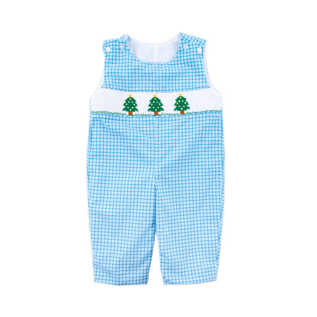 Christmas Tree Smocked Light Blue Gingham Longall