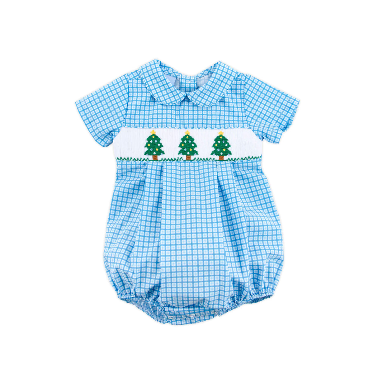 Christmas Tree Smocked Light Blue Gingham Collared Bubble