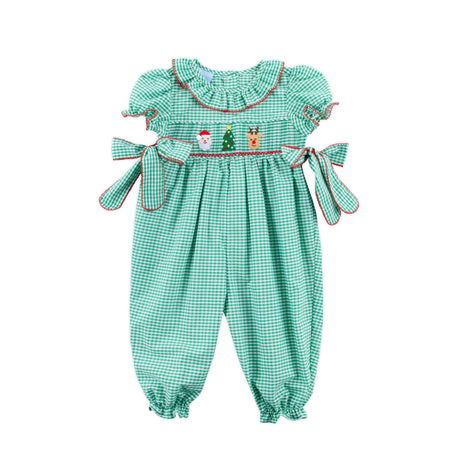 Jolly Christmas Smocked Green Windowpane Beverly Long Bubble