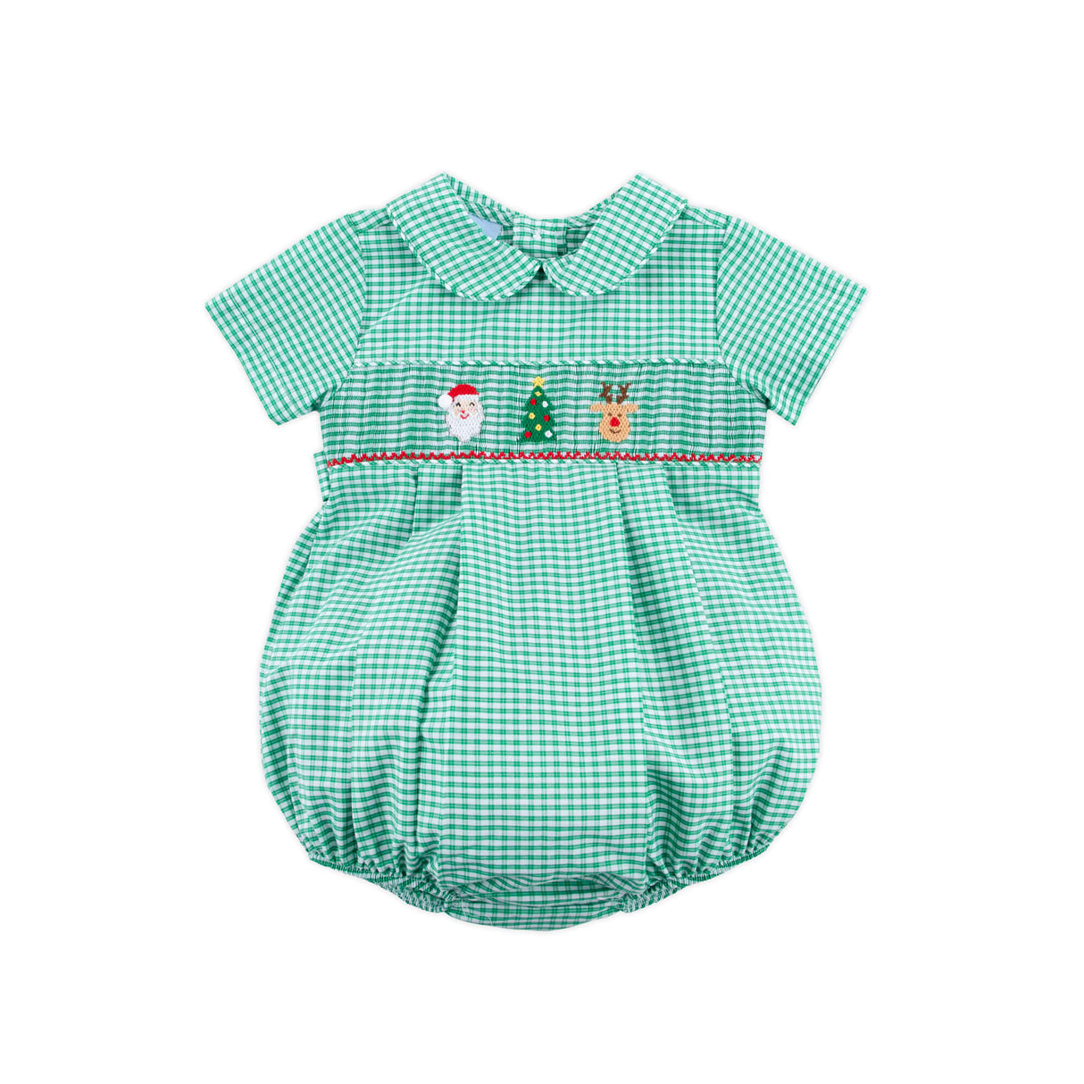 Jolly Christmas Smocked Green Windowpane Collared Bubble