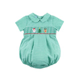 Jolly Christmas Smocked Green Windowpane Collared Bubble