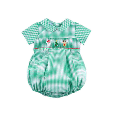 Jolly Christmas Smocked Green Windowpane Collared Bubble
