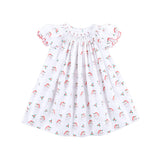 Happy Santa White Print Smocked Bishop Dress