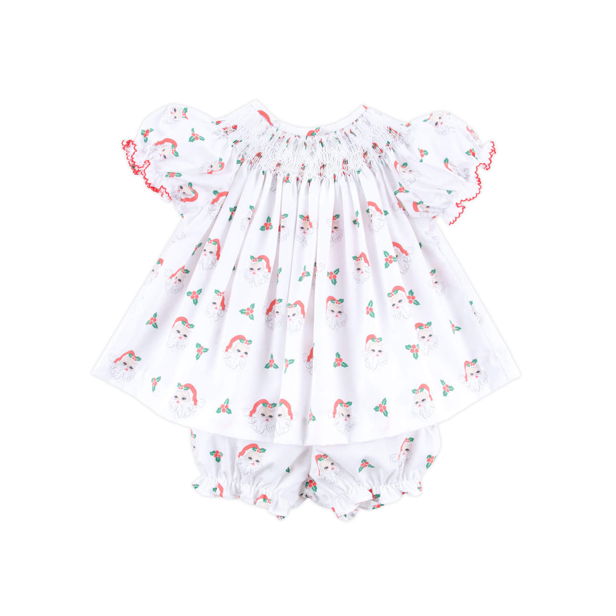 Happy Santa White Print Smocked Bloomer Set