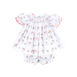 Happy Santa White Print Smocked Bloomer Set