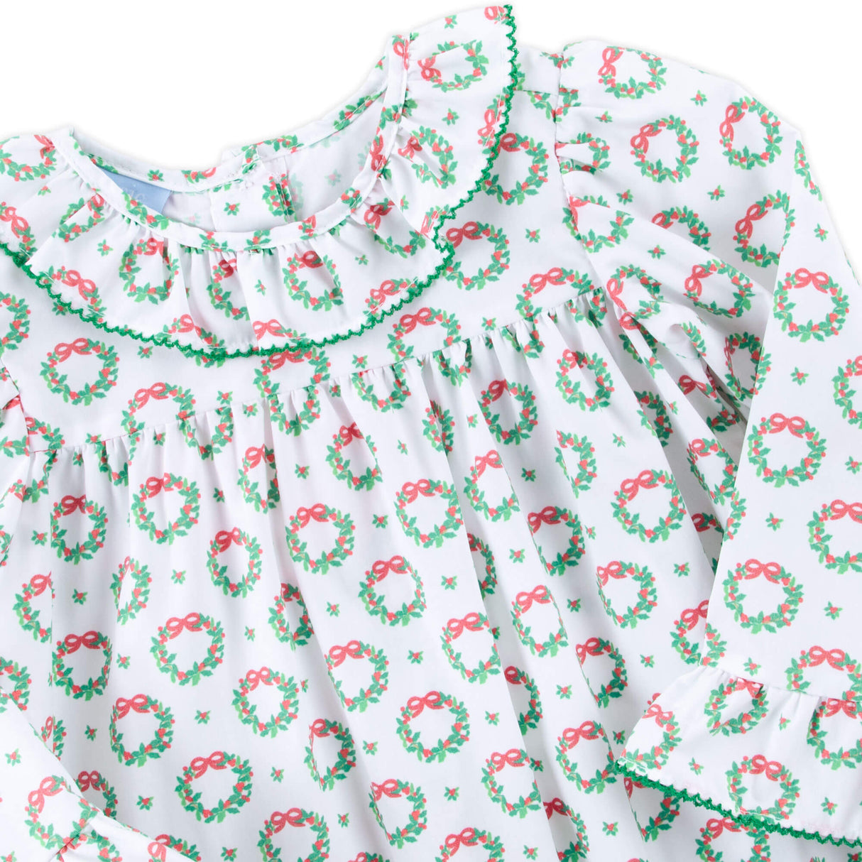 Holiday Wreath White Print Ruffle Collared Dress