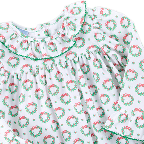 Holiday Wreath White Print Ruffle Collared Bubble