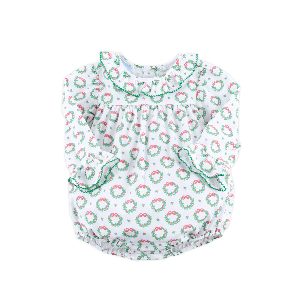 Holiday Wreath White Print Ruffle Collared Bubble