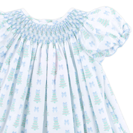 Christmas Tree Bow Blue Smocked Bishop Dress