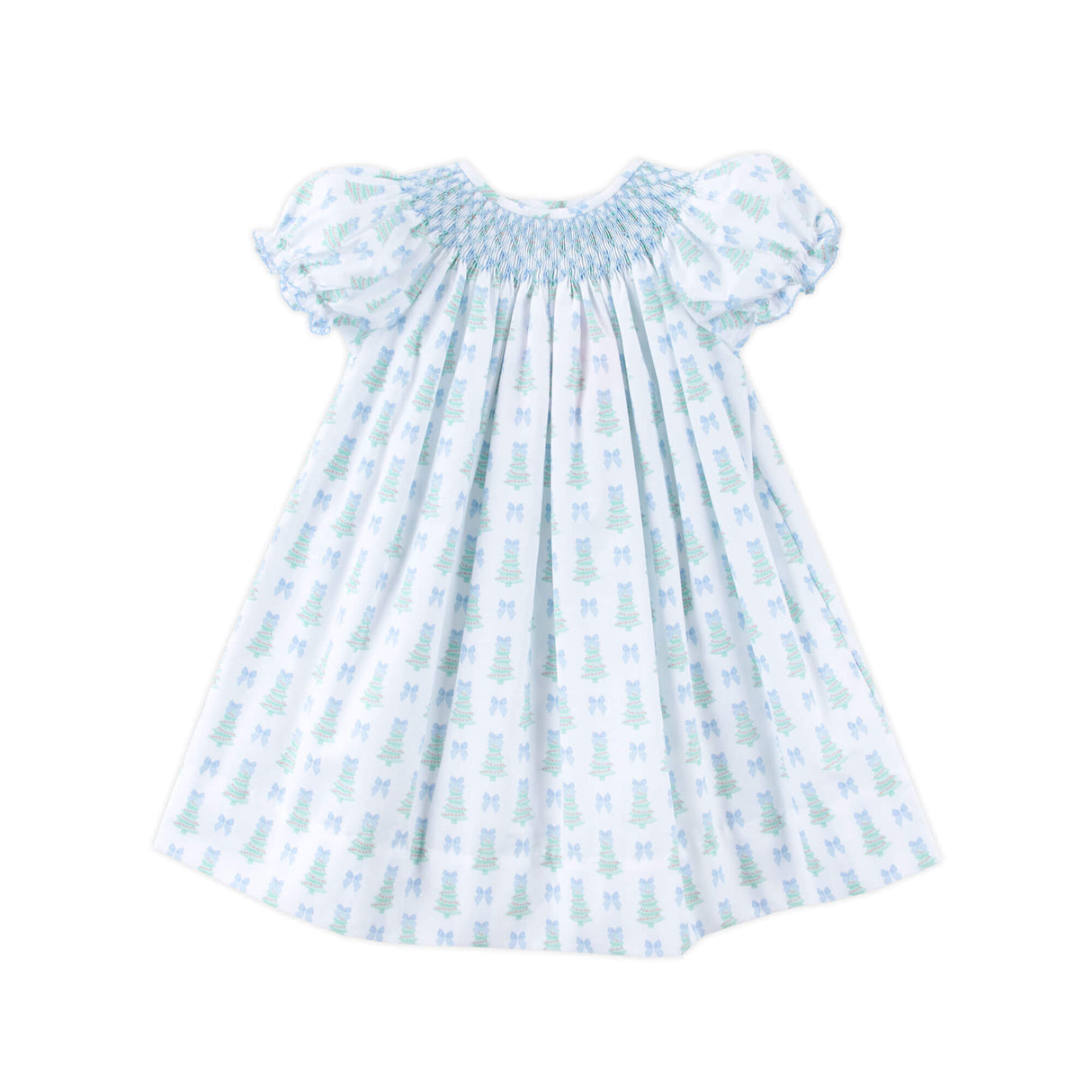 Christmas Tree Bow Blue Smocked Bishop Dress