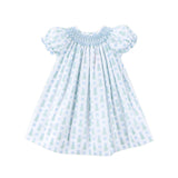 Christmas Tree Bow Blue Smocked Bishop Dress