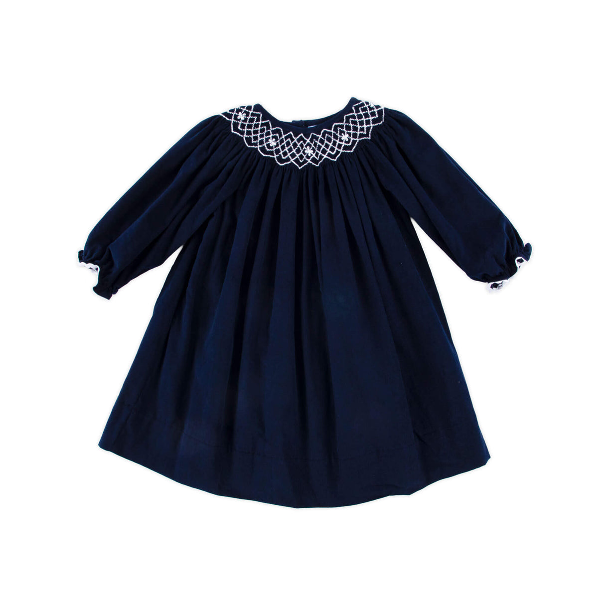 Navy Corduroy Smocked Long Sleeve Bishop Dress
