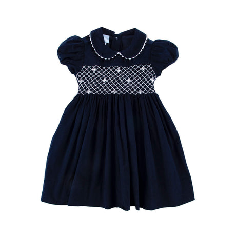 Navy Corduroy Smocked Collared Dress