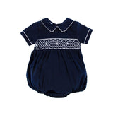 Navy Corduroy Smocked Collared Bubble
