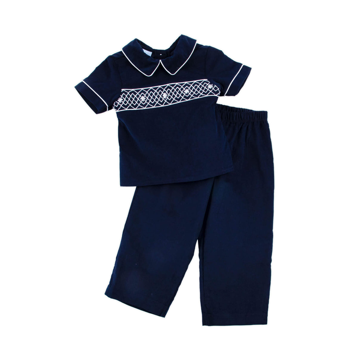 Navy Corduroy Smocked Collared Pant Set