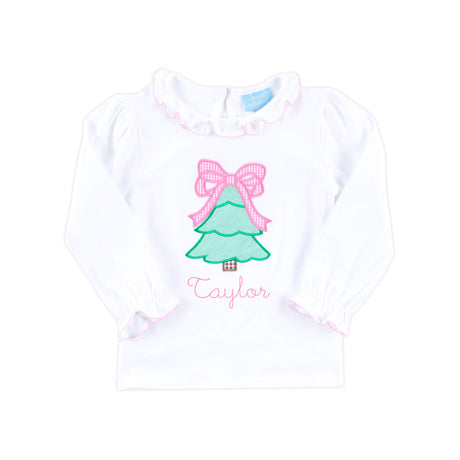 Christmas Tree & Bow White Long Sleeve Top