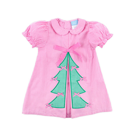 Christmas Tree Bows Pink Gingham Front Pleat Dress