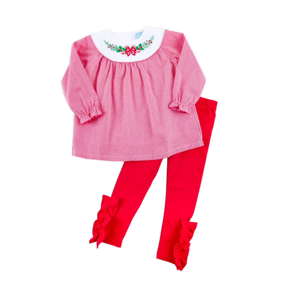 Holly Embroidered Red Gingham Yoke Legging Set