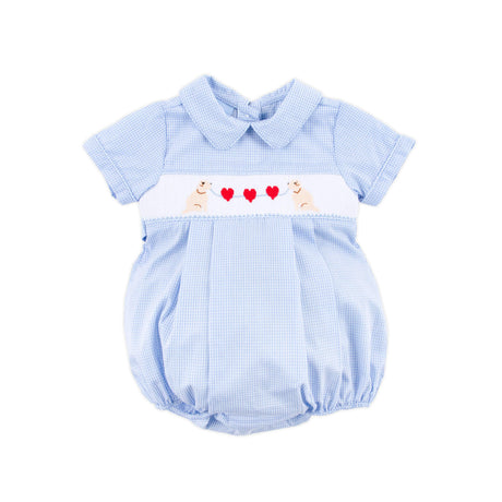 Puppy Heart Smocked Light Blue Gingham Collared Bubble